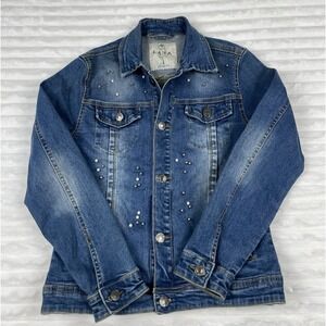 LANA New York Womens Pearl Silver Studs Casual Denim Button Up Jacket Size Large